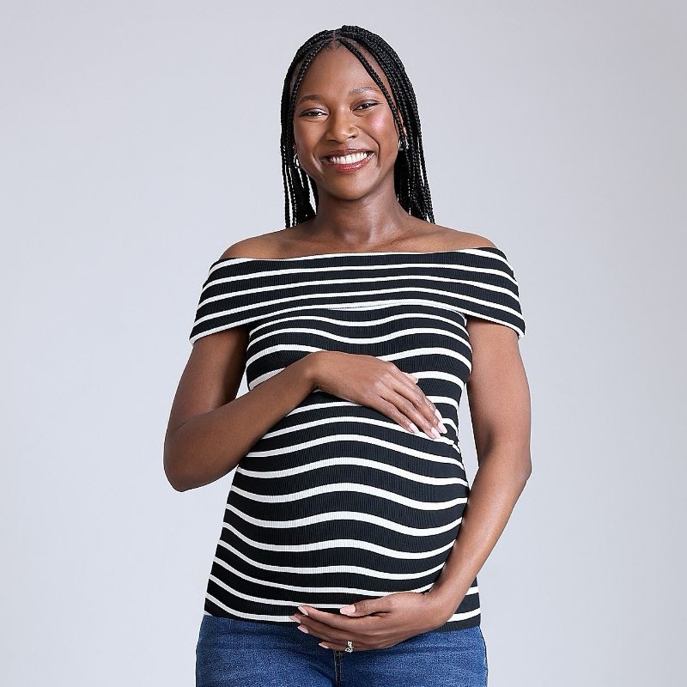 Motherhood Maternity Ribbed Knit Off Shoulder Top Striped Black White XL